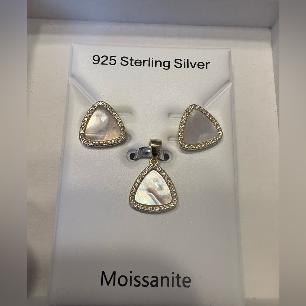 Gold over Sterling Silver Moissanite & Mother of Pearl Earrings &pendant